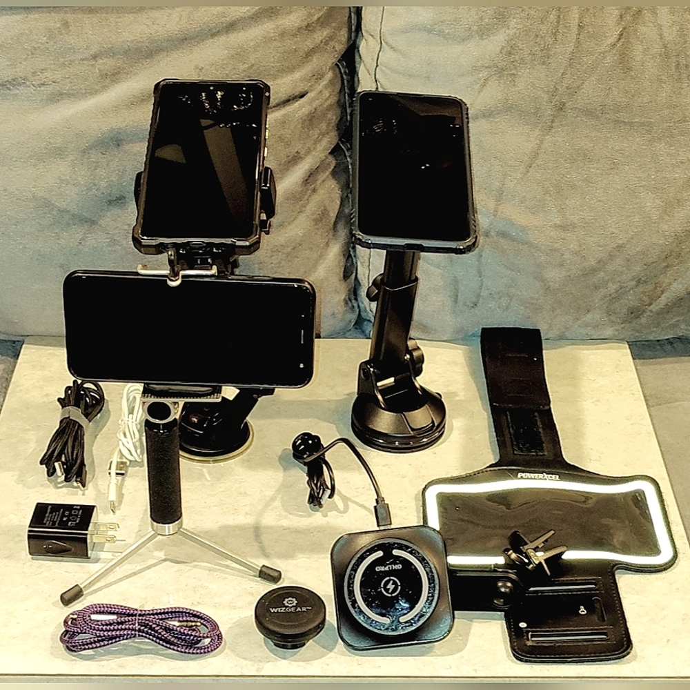 CELLPHONE ACCESSORY BUNDLE CAR PHONE HOLDERS TRI-POD ARM BAND  WIRELESS CHARGER